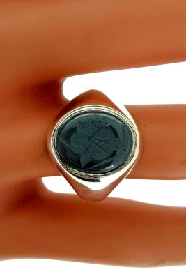 Hematite Intaglio Oval Signet Ring - Sterling Silver 6.7g