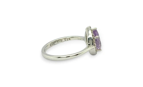 1.00ct Amethyst & 0.10ct Diamond Halo Ring- 9ct White Gold 2.4g