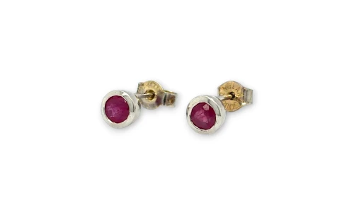 0.80ct Natural Ruby & 9ct White Gold 5.0mm Bevel Set Stud Earrings 1.18g