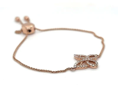 0.30ct Natural Diamond & 14ct Rose Gold Butterfly Bracelet with Slide Clasp 7.5inch 5.8g