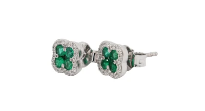 0.38ct Emerald & 0.12ct Diamond Halo Stud Earrings-18ct White Gold 1.80g
