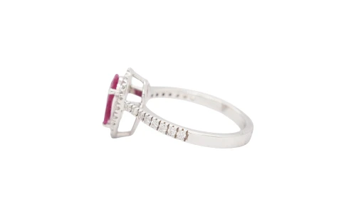 1.24ct Ruby & 0.38ct Diamond Halo Solitaire Ring- 18ct White Gold 3.32g