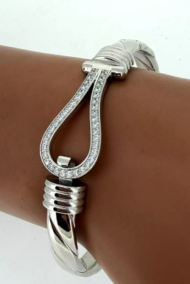 Silver & Cubic Zirconia Fancy Swirl Bangle 34.54g 7 Inch