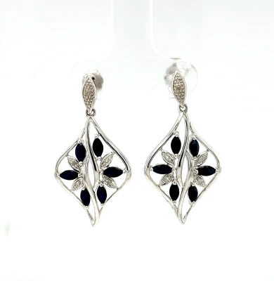 0.72ct Sapphire & 0.10ct Diamond Drop Earrings 9ct White Gold 3.37g