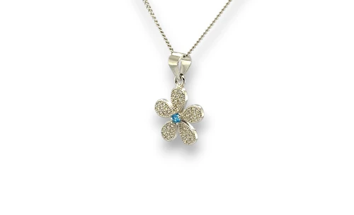 Solid Silver & Cubic Zirconia 13mm Fancy Flower Pendant- 18Inch 2.6g