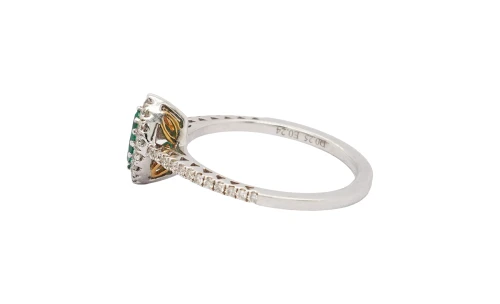 0.25ct Emerald & 0.24ct Diamond Halo Ring- 18ct White Gold 2.56g