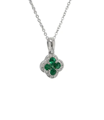 0.24ct Emerald & 0.10ct Diamond Clover Pendant- 18ct White Gold ( 14.0 x 8.5mm) 16/18 Inch-2.28g