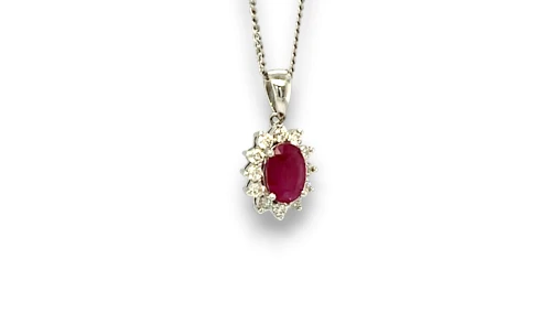 0.92ct Natural Ruby & Diamond (17.5 x 9.5mm) 18ct White Gold Pendant 1.4g