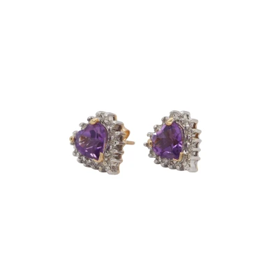 1.00ct Amethyst & 0.25ct Diamond Heart Shaped Stud Earrings -9ct Gold 2.45g