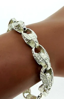Solid Sterling Silver 8.7mm Tulip Link Bracelet 31.7g ( Upto 9 inch)
