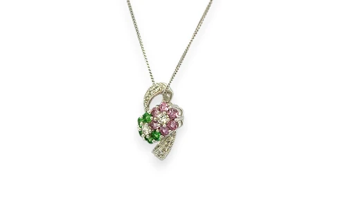 0.90ct Natural Diamond/Pink Sapphire/Emerald Double Flower Pendant-14ct White Gold (18.0 x 11.0mm) 2.06g