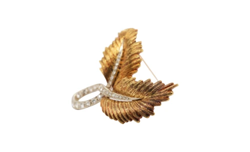 1.00ct Natural Diamond & 18ct Gold Vintage Double Leaf Brooch 11.1g (45.8mm x 42.5mm)