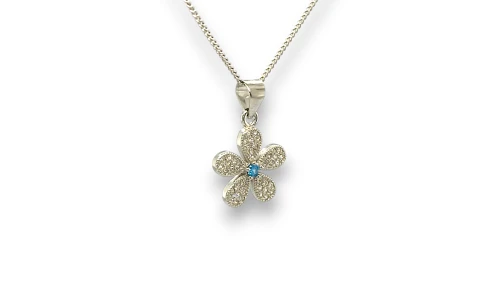 Solid Silver & Cubic Zirconia 13mm Fancy Flower Pendant- 18Inch 2.6g
