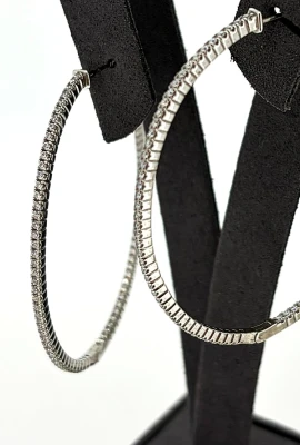 Solid Silver & Cubic Zirconia Oval Hinged Hoop Earrings 9.7g ( 55.5 x 46 x 1.8mm)