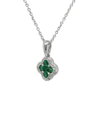 0.24ct Emerald & 0.10ct Diamond Clover Pendant- 18ct White Gold ( 14.0 x 8.5mm) 16/18 Inch-2.28g
