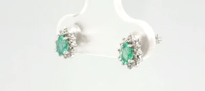 0.40ct Emerald & 0.15ct Diamond Stud Earrings -9ct White Gold 0.9g
