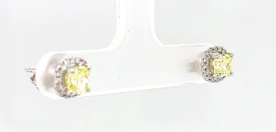 1.25ct Yellow & White Diamond Halo Stud Earrings -18ct White Gold 2.0g