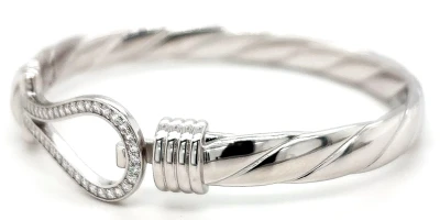 Silver & Cubic Zirconia Fancy Swirl Bangle 34.54g 7 Inch