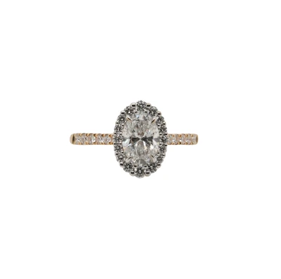1.46ct Lab Grown Oval Diamond & 18ct Gold Halo Solitaire Ring 3.9g