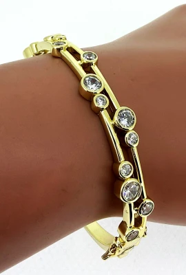 Solid Silver & 18ct Gold plated2 Row Cubic Zirconia Bangle 21.4g 7 Inch