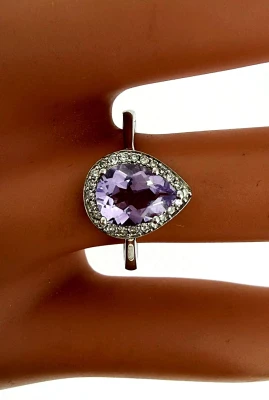1.00ct Amethyst & 0.10ct Diamond Halo Ring- 9ct White Gold 2.4g