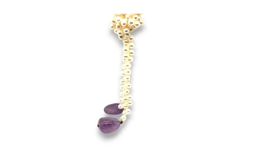 6.0mm Double Row Pearl and Amethyst Necklace 40 Inch 79.2g
