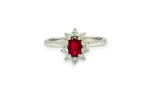 0.78ct Natural Ruby & Diamond Halo Ring-18ct White Gold 3.46g
