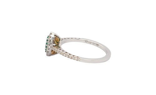 0.25ct Emerald & 0.24ct Diamond Halo Ring- 18ct White Gold 2.56g