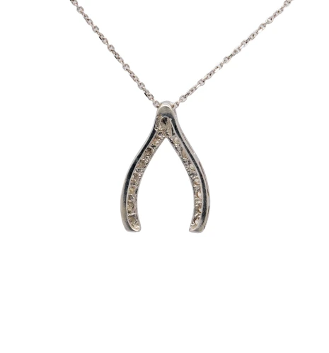 0.16ct Natural Diamond & 9ct White Gold WISHBONE Pendant (17.5 x 11.8mm) 0.84g