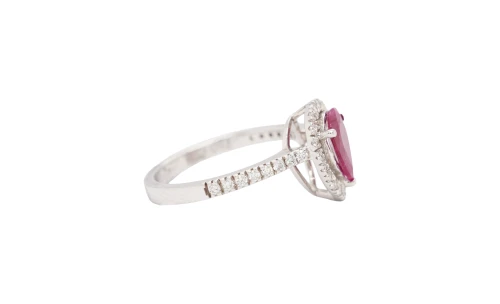 1.24ct Ruby & 0.38ct Diamond Halo Solitaire Ring- 18ct White Gold 3.32g