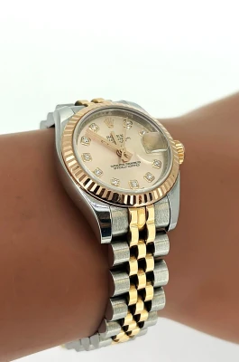 Rolex 26mm DateJust Pink Diamond Dot Dial (2015 Box & Papers) 18ct Rose Gold & Stainless Steel