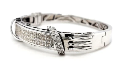 4.00ct Natural Diamond & 14ct White Gold 16.5mm Bangle 7.5 Inch - 45.17g