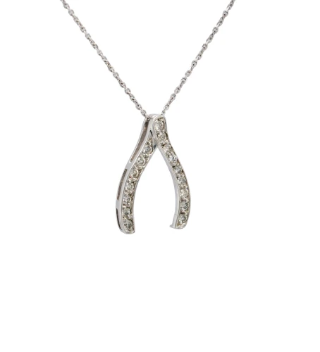 0.16ct Natural Diamond & 9ct White Gold WISHBONE Pendant (17.5 x 11.8mm) 0.84g