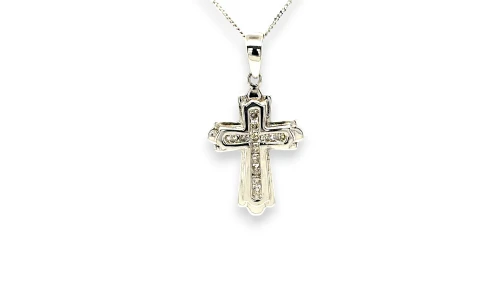0.15ct Natural Diamond & 9ct White Gold Gothic Style Cross Pendant (29.5 x 5.3 x 2.2mm) 2.12g