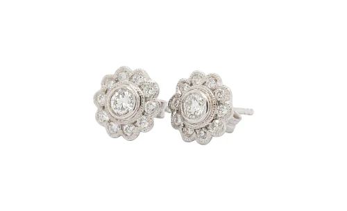 0.68ct Natural Diamond & 18ct White Gold 9.0mm Fancy Halo/Stud Earrings 2.5g