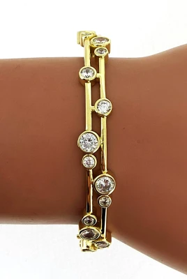 Solid Silver & 18ct Gold plated2 Row Cubic Zirconia Bangle 21.4g 7 Inch