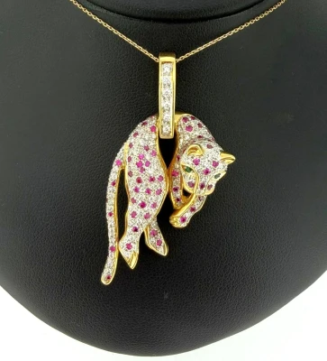 Ruby Diamond & Emerald Panther Pendant 18ct Gold 22.4g