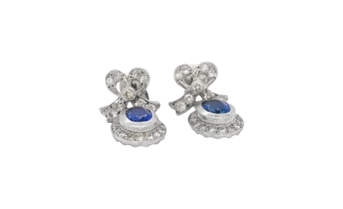 1.30ct Sapphire & 0.65ct Diamond Drop Earrings - 18ct White Gold 5.98g