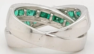 2.39ct Emerald & Diamond Cross Over Ring, 18ct White Gold 8.1g Size N