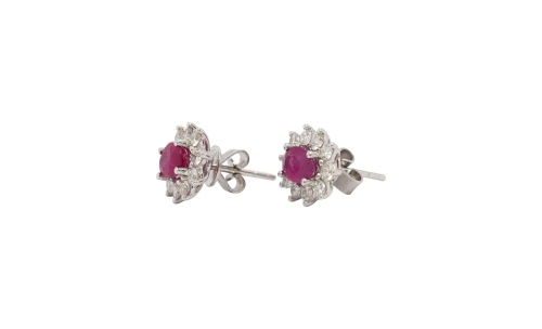 0.80ct Ruby & 0.66ct Diamond Halo Stud Earrings 18ct White Gold 2.7g