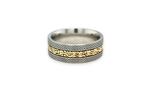Platinum & 18ct Gold 8mm Fancy Patterned Wedding Band 15.09g