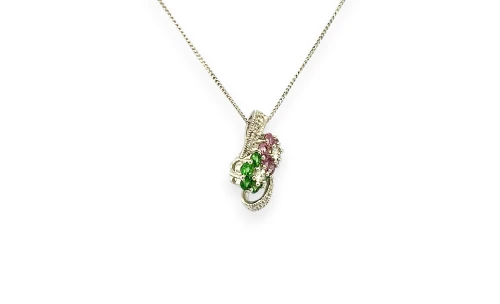 0.90ct Natural Diamond/Pink Sapphire/Emerald Double Flower Pendant-14ct White Gold (18.0 x 11.0mm) 2.06g