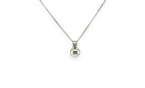 0.04ct Natural Diamond & Grey Pearl Pendant/Chain- 18ct White Gold (11.0 x 6.5mm) 18Inch 2.38g