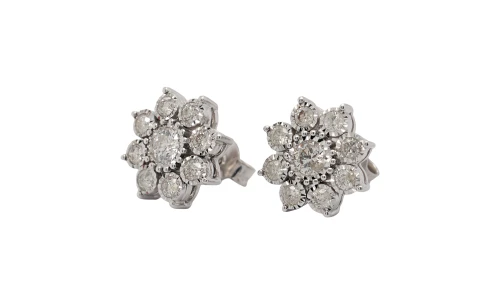 1.00ct Natural Diamond & 9ct White Gold 13mm Illusion Set Flower Stud Earrings 3.8g