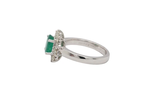 1.27ct Emerald & 0.64ct Diamond Halo Ring - 18ct White Gold 6.24g
