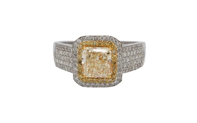 2.06ct Natural Yellow/White Diamond Halo Solitaire Ring -18ct White Gold 4.5g