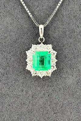 1.35ct Emerald & 0.34ct Diamond Pendant- Platinum 5.5g 17inch