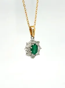 0.60ct Emerald & 0.80ct Diamond Cluster/Halo Pendant- 18ct Gold 3.7g