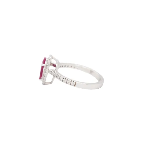 1.24ct Ruby & 0.38ct Diamond Halo Solitaire Ring- 18ct White Gold 3.32g