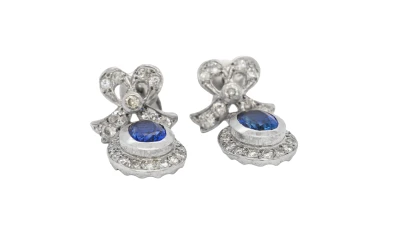 1.30ct Sapphire & 0.65ct Diamond Drop Earrings - 18ct White Gold 5.98g